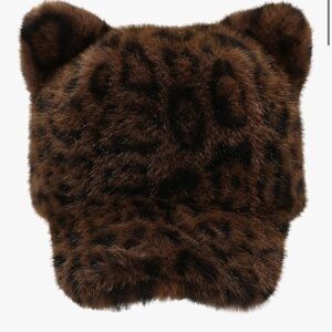 Faux Fur Leopard-Print Ear Cap - Brown